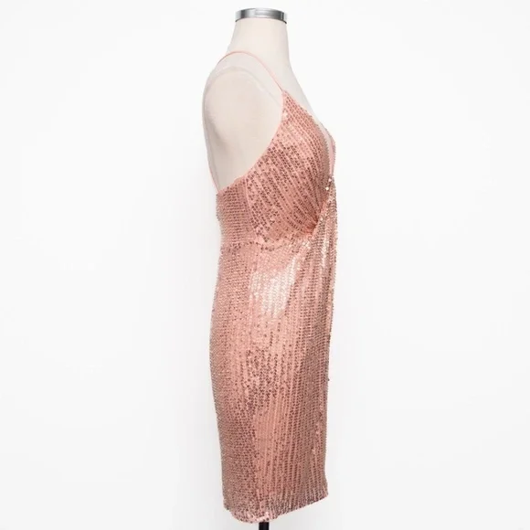 Liv Foster -  Rosy Peach Sequin Draped Plunge V-Neck Mini Dress‎ - Picture 3 of 15